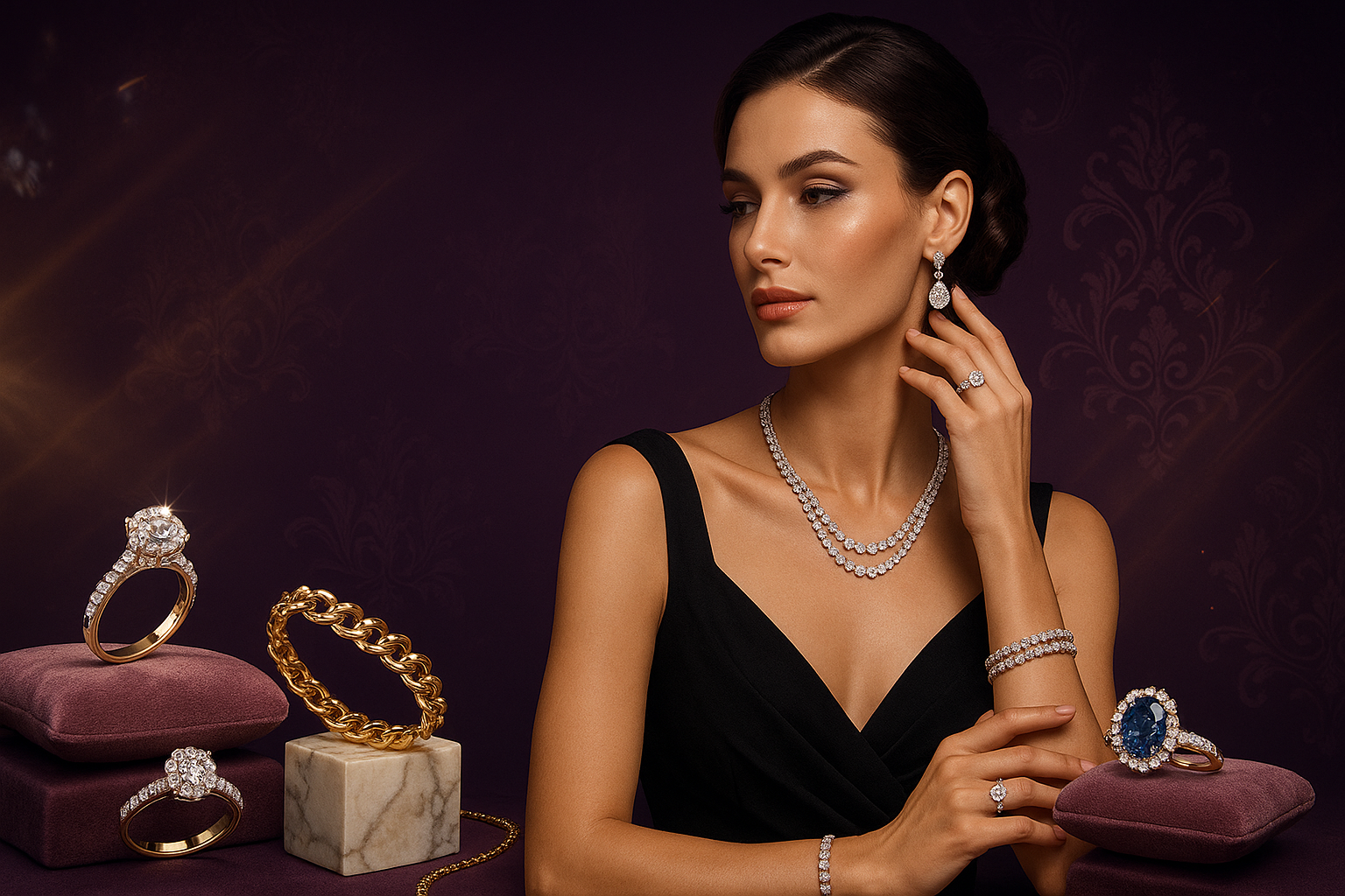 create a hero section image banner in which put a model on slightly right side and put some real diamond real gold jewellary on it and at the floor with some decoration with rich purple background