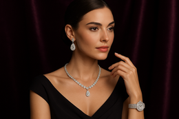 crete  a model wearing reaal diamond jewellary and diamond watch with rich purple  baackground make sure that there must be  some clevage 