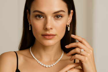 genraate a potreate imaage for hero section in mobile banner with model wearing a  real diamond jewellry gold